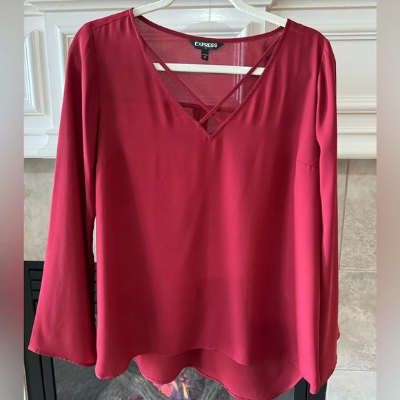 Express Tops - Express Lightweight Long Sleeve Top Loose Fit Strap V Neckline Red Size…